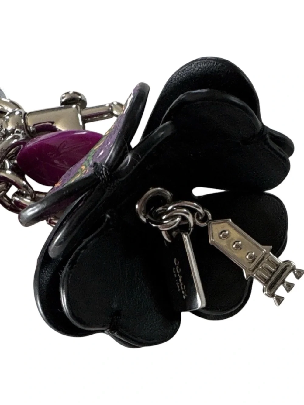 Coach Tea Rose Bag Charm Purple Floral Leather & Resin Keychain Charm